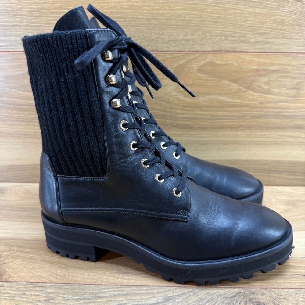 Stuart‎ Weitzman Alpine Combat Boot 7.5 Black Leather Lug Chunky Old Money Ivy